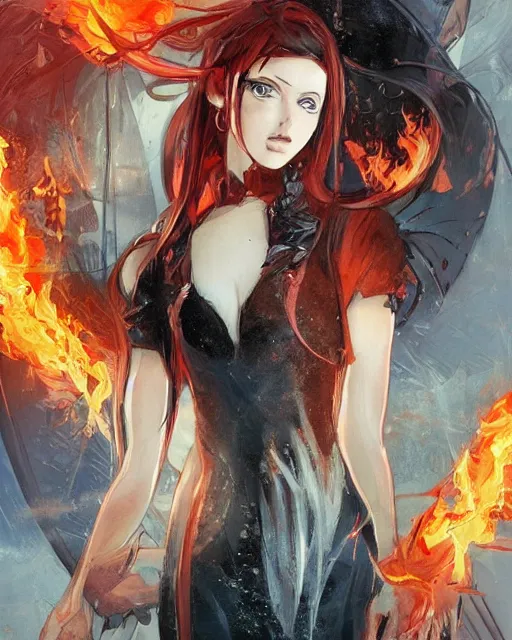 Image similar to red eyed anime girl, flames everywhere, highly detailed, digital painting, artstation, concept art, smooth, sharp focus, illustration, art by artgerm and greg rutkowski and alphonse mucha