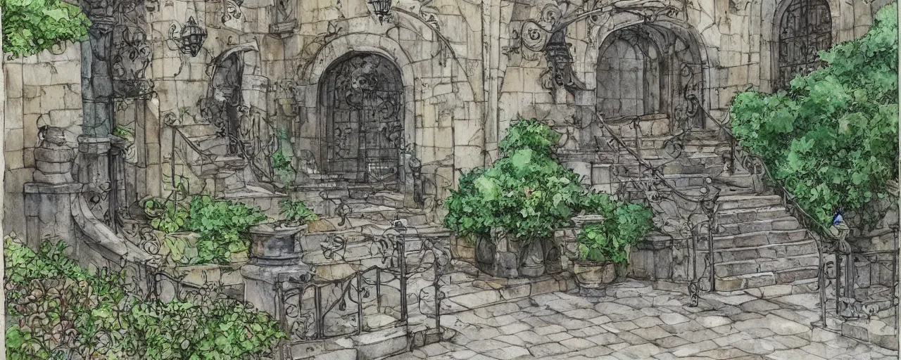 Image similar to courtyard walkway, fountain, castle, stairway, chairs, wrought iron, gate, botanic garden, botanical herbarium paper, watercolor colored painting, iridescent colors, realistic shaded, fine, artstation, italian style, colonnade ornate headdress, craving, carved, insanely detailed studio ghibli