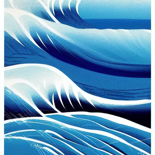 Image similar to waves crashing on the shore, shades of blue, by eyvind earle