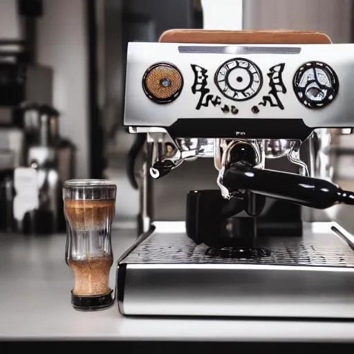 Prompt: dslr photo of a steampunk robotic espresso machine with small gears in an android coffee shop, very scientific, 4 k, photorealistic, cafe lighting, cinematic, by ridley scott,