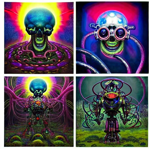 Image similar to sinister eldritch neural diaphanous skullpunk spirits in the enchanted intergalactic mecha garden, man - machine chimeric beholder polyphemous by okuda san miguel by jerimiah ketner by tatsuyuki tanaka by agostino arrivabene and wayne england