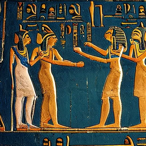 Image similar to ancient egyptian hieroglyphics depicting the first contact with alien life