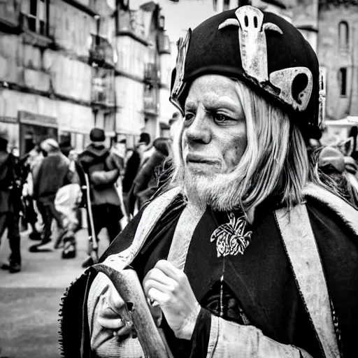 Prompt: medieval protester face photo black and white wide angle lense