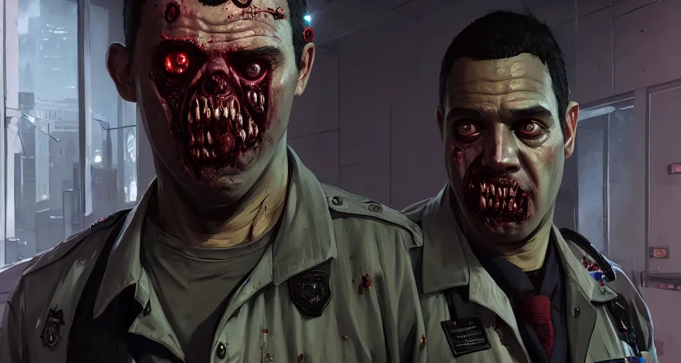 Image similar to highly detailed portrait black police officer zombie with gaping wounds in gta v, police station interior, stephen bliss, unreal engine, fantasy art by greg rutkowski, loish, rhads, ferdinand knab, makoto shinkai and lois van baarle, ilya kuvshinov, rossdraws, tom bagshaw, global illumination, detailed and intricate environment