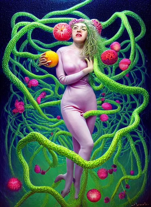 Image similar to hyper detailed 3d render like a chiariscuro Oil painting with focal blur - Aurora (Singer) looking adorable and seen in dynamic pose joyfully Eating of the Strangling network of glowing and milky Fruit and Her delicate Hands hold of gossamer polyp blossoms bring iridescent fungal flowers whose spores black the foolish stars to her smirking mouth by Jacek Yerka, Mariusz Lewandowski, Houdini algorithmic generative render, Abstract brush strokes, Masterpiece, Edward Hopper and James Gilleard, Zdzislaw Beksinski, Mark Ryden, Wolfgang Lettl, hints of Yayoi Kasuma, octane render, 8k