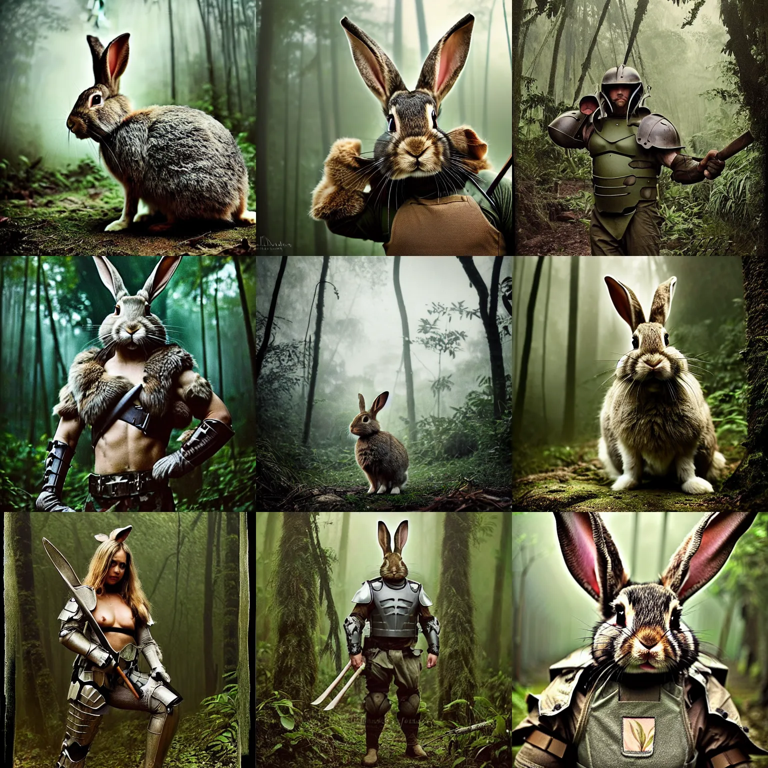 Prompt: full shot!!!!! rabbit in swat armor armored hulked rabbit oversized rabbit barbarian rugged rabbit!!!, fog, in deep jungle forest jungle, overcast!!! cinematic focus, polaroid photo, vintage, neutral colors, soft lights, overcast, foggy, full shot by steve hanks, by serov valentin, by lisa yuskavage, by andrei tarkovsky