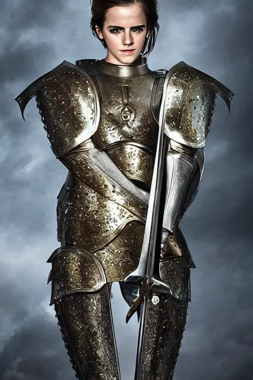 Prompt: Emma Watson as Joan of Arc for an upcoming movie directed by Ridley Scott, full suit of gilded plate armor, holding a sword, detailed face, good lighting, promo shoot, studio lighting