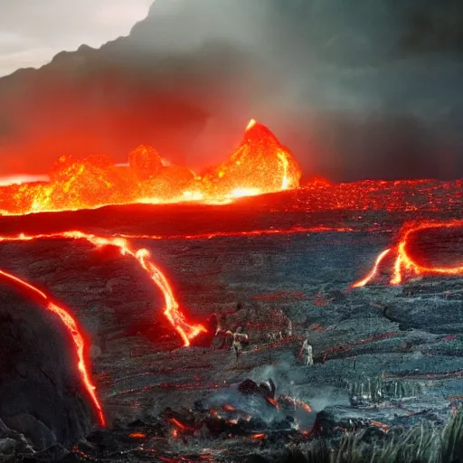 Prompt: movie still of an epic battle, lava in the background, highly-detailed, establishing shot
