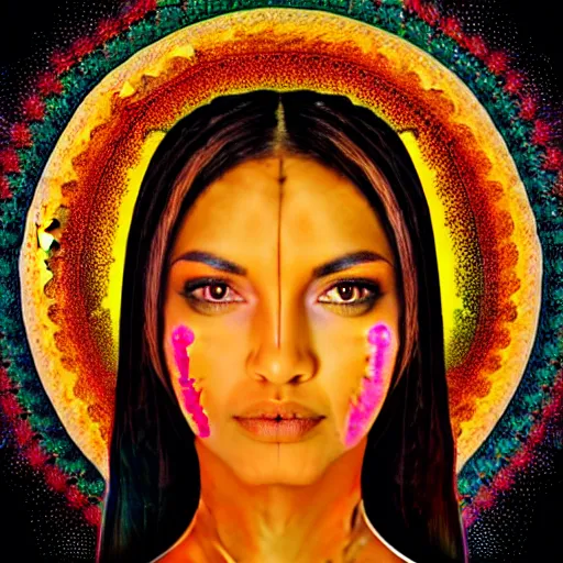 Image similar to tan latina woman, landscape, entering fourth dimension, third eye, prominent rosy cheek bones, black hair and brown eyes, psychedelic da vinci art style,