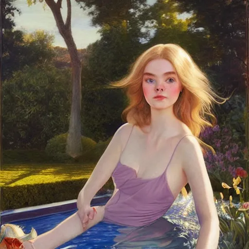 Prompt: Elle Fanning, head and shoulder masterpiece, next to a pool, golden hour, in a garden, artstation, by J. C. Leyendecker and Peter Paul Rubens,