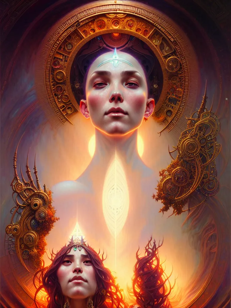 Image similar to ultra realistic, altar of cosmic goddess, intricate details, eerie, awakening, artstation, atmospheric, highly detailed, photorealistic, hyperrealism, 8k, art by artgerm and greg rutkowski and alphonse mucha