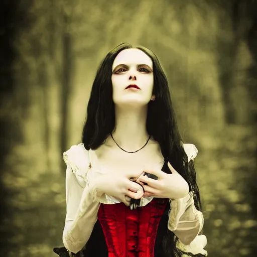 Image similar to A beautiful portrait of a lady vampire, victorian, '20, ominous, dracula, photography, 35mm, depth of field, bokeh, soft light, cinematic