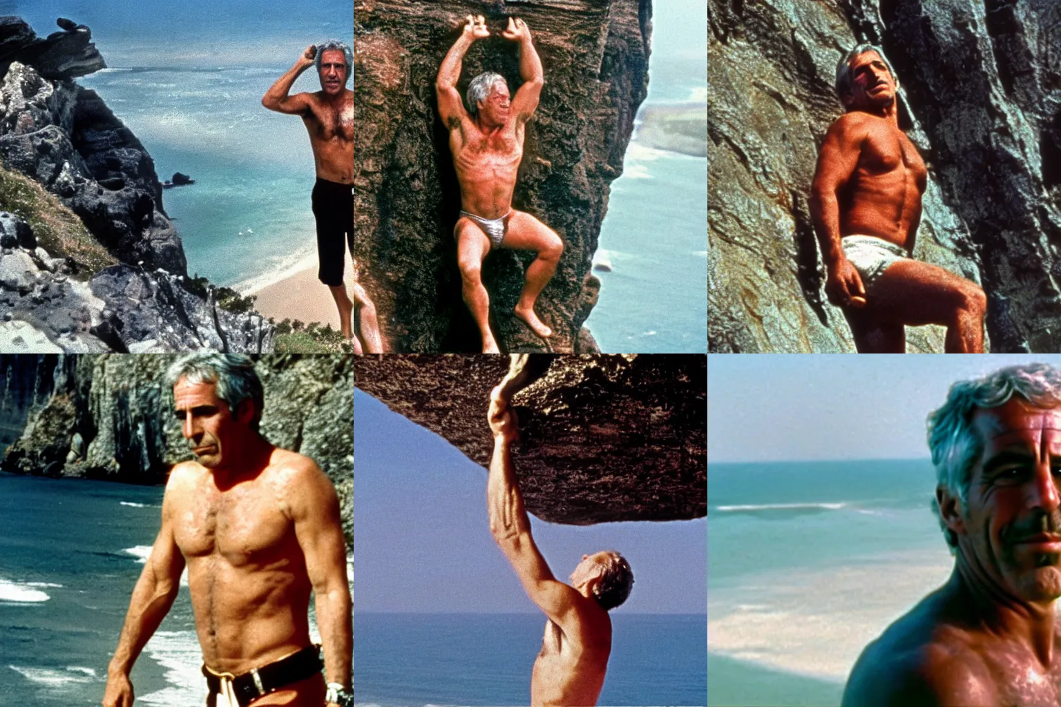 Prompt: Jeffrey Epstein shirtless hanging from a cliff, cliffhanger 1993, cinémascope, epic ultrawide shot