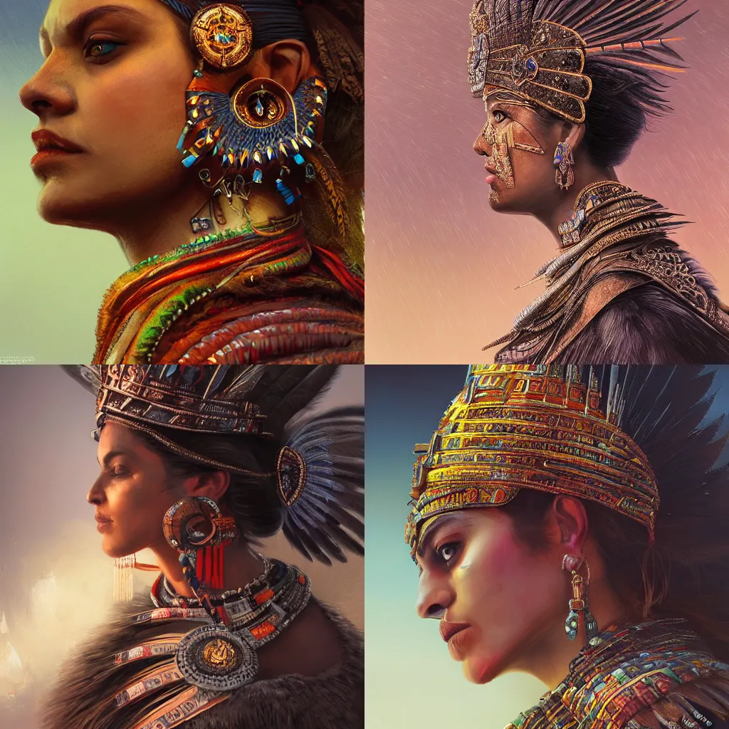 Prompt: Aztec queen, gorgeous, close-up portrait, profile, intricate, elegant, feathers, volumetric lighting, scenery, digital painting, highly detailed, artstation, sharp focus, illustration, concept art, ruan jia, steve mccurry