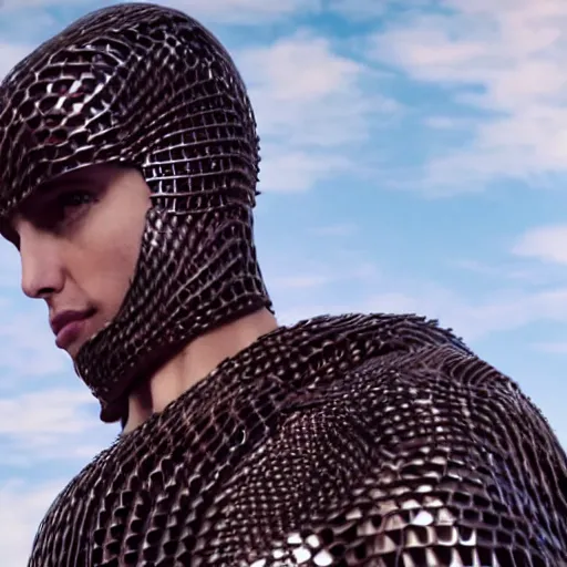 Prompt: a slim athletic beautiful male wearing a iris van herpen outfit in a cinematic still with the sky as background, tarsem singh art movie