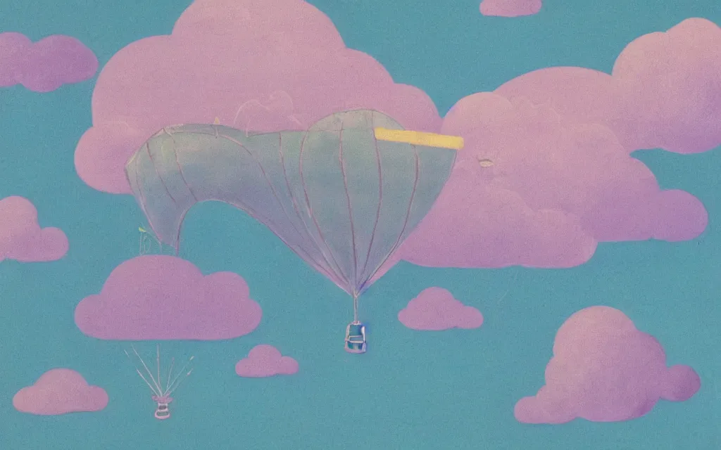 Prompt: streampunk dirigible floating between swirling clouds. pastel colors. haze.