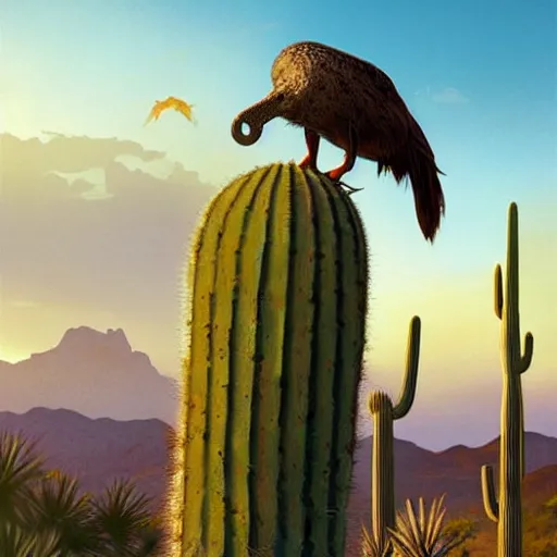 Image similar to A Dodo bird perched atop a Saguaro cactus in the desert, digital art, trending on Artstation, high detail, sharp focus, illustration, art by artgerm and greg rutkowski and alphonse mucha.