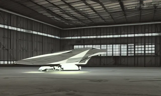 Image similar to digital painting, octane render, high quality, unreal engine 5, spaceship in hangar