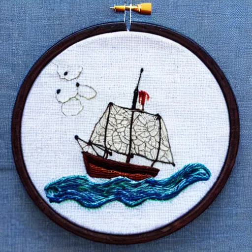 Image similar to a tiny beautiful handmade embroidery of a pirate ship sinking into a stormy ocean. hand embroidery.