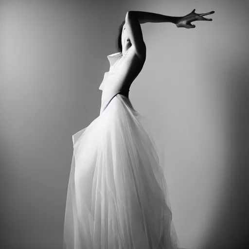 Image similar to delicate, semi transparant, high couture dress, super model, warm light, studio setting by marc lagrange