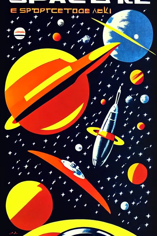 Prompt: space, spaceship, ussr poster, art by grewski
