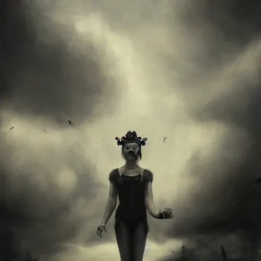 Prompt: By Tom Bagshaw, ultra realist soft painting of a curiosity carnival by night, a beautiful gunslinger in detective wear, symmetry accurate features, very intricate details, ominous sky, black and white, volumetric light clouds