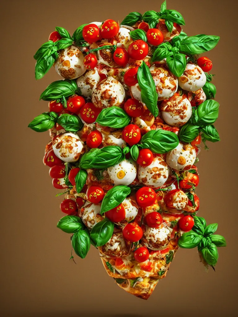 Prompt: highly detailed 3 d render of a mythical tree of pizza toppings, branches with tomatoes and mozzarella balls and basil leaves, hyper realistic octane render, cinematic lighting, deviantart, lowbrow, surrealism, pixar still