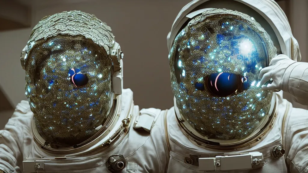 Image similar to a astronaut eva suit covered in diamond 3d fractal lace iridescent bubble 3d skin and covered with insectoid compound eye camera lenses floats through the living room, film still from the movie directed by Denis Villeneuve with art direction by Salvador Dalí, wide lens,