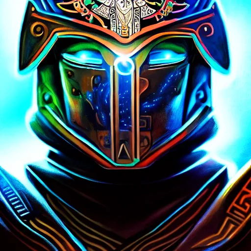 Image similar to stunning painting of futuristic heroic master, with ancient aztec symbols, galactic armor, cinematic, close up shot, digital background, soft lighting, ultra detailed face and eyes, holding holy axe, epic, magic, ultimate, centered, artstation hd, 8 k resolution