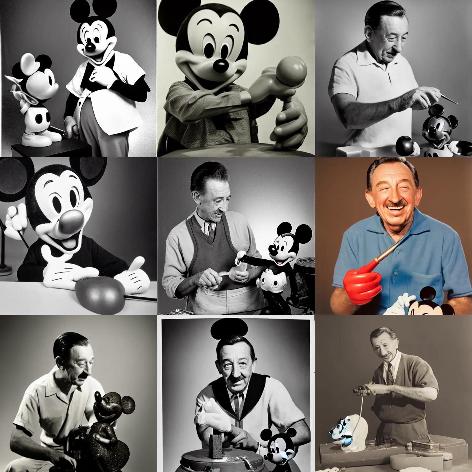 Prompt: High quality studio photography of Walt Disney sculpting Mickey Mouse. Solid color background. Studio lighting.