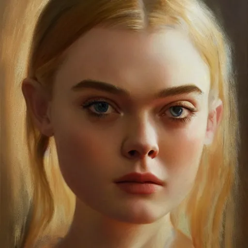 Image similar to ultra realistic portrait painting of elle fanning, art by frank frazetta, 4 k, ultra realistic, highly detailed, epic lighting