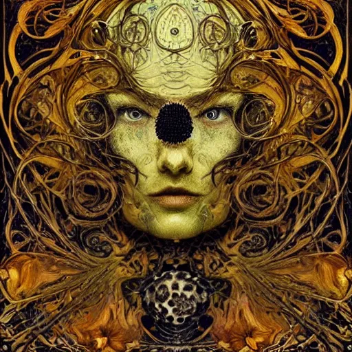 Prompt: Memento Mori by Karol Bak, Jean Deville, Gustav Klimt, and Vincent Van Gogh, beautiful visionary mystical portrait, otherworldly, fractal structures, ornate gilded medieval icon, third eye, spirals, botanical calavera by William Morris