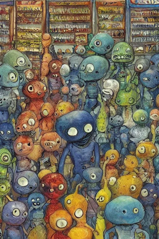 Image similar to cute aliens in a grocery store by jerry pinkney