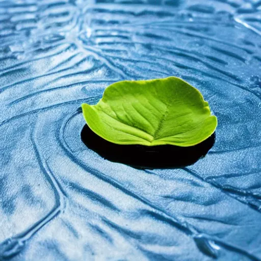 Image similar to perfume bottle sitting on a lilypad in the middle of a blue lake, close up shot, upfront, surrounded by tropical leaves, blurred tropical background, softly - lit, soft - warm, zen, light, modern minimalist f 2 0 clean