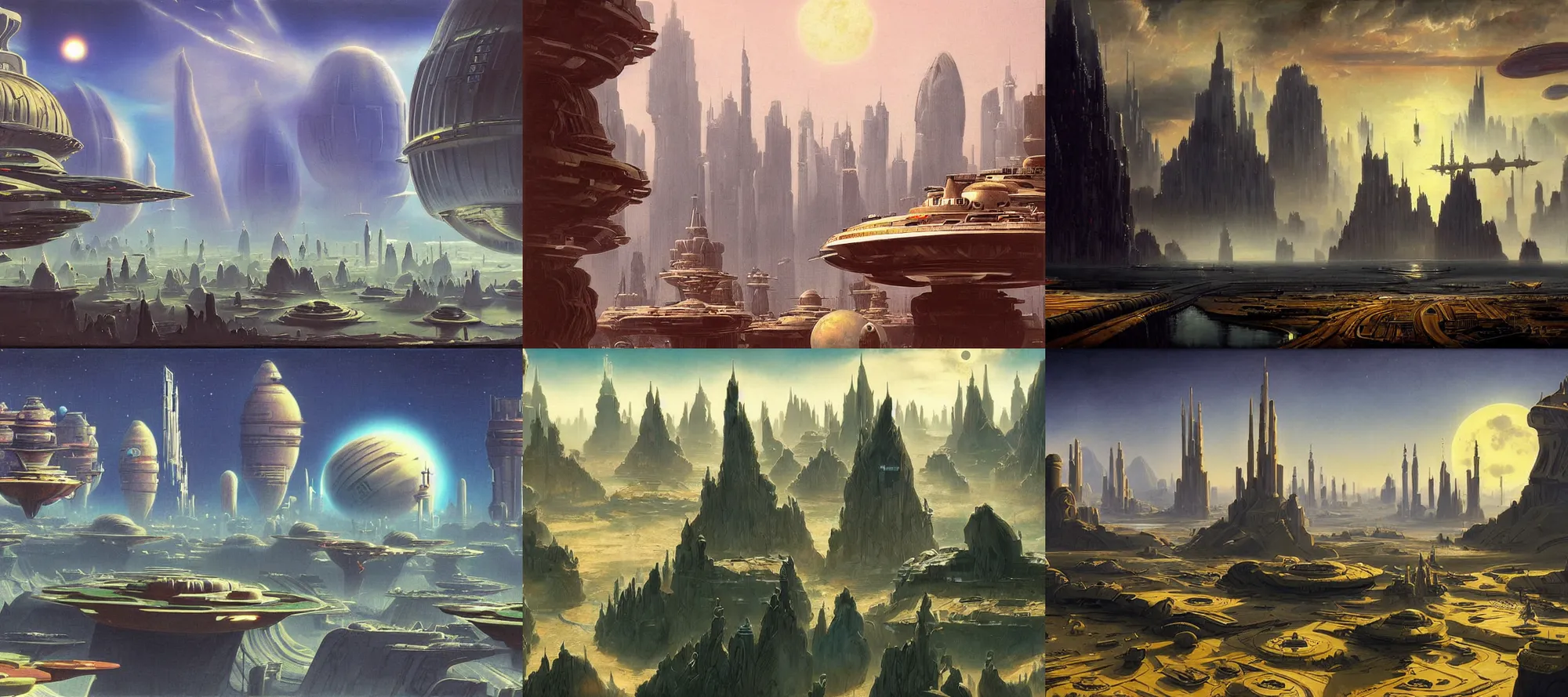 Prompt: Coruscant landscape in the style of Dr. Seuss, starships, painting by Raphael Lacoste