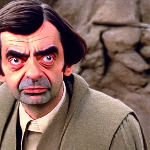 Image similar to Still of Mr. Bean as jedi master Obiwan kenobi!!!!. in Star Wars (1977). detailed eyes. medium shot, technicolor. light saber