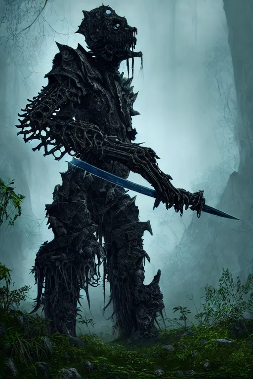 Image similar to post - gothic giant creepy chimera, exoskeleton armor, holding shiny katana, dystopian ruins covered in vegetation, highly detailed smooth digital art masterpiece, vitaly bulgarov giger dramatic dark blue light, ground angle hd 8 k, sharp focus