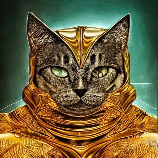 Image similar to gold and silver tones, cybernetic cat, style of moebius, james jean, rutkowski, cinematic, high detail, award winning, 8 k photorealistic