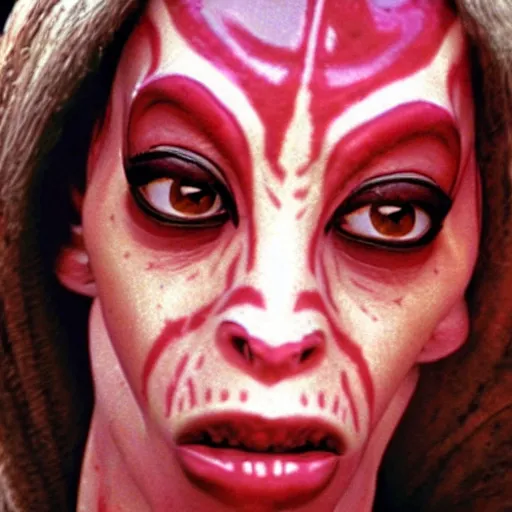 Image similar to film still of jar jar binks as a female cowgirl, long eyeslashes, big juicy lips, big seductive eyes