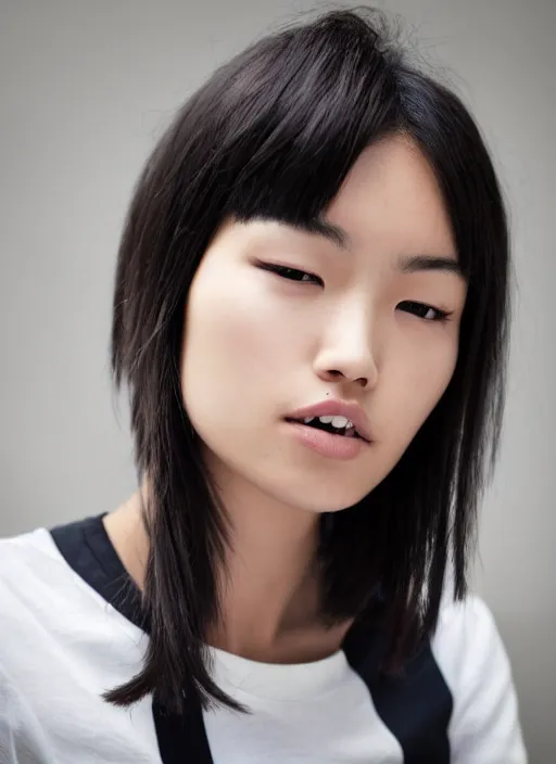 Image similar to beautiful slim tomboy with short black hair and asian eyes