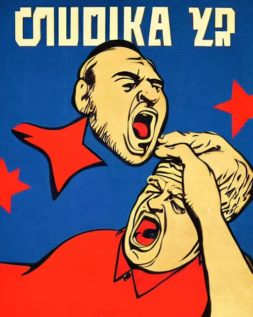 Image similar to soviet propaganda poster of an angry communist developer yelling at his computer