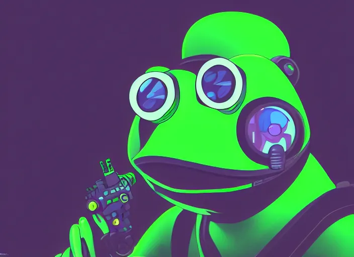 Image similar to futuristic pepe the frog, cyberpunk, vaporware, computers, dylan kowalski, marat zakirov, albert ramon puig, trending on artstation, 8 k