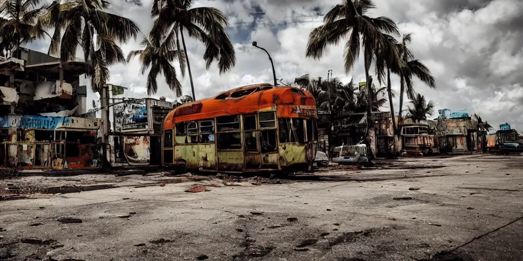 Image similar to low wide angle shot of dilapidated fallout 5 miami, tropical coastal city, desolate, dilapidated neon signs, few rusted retro futuristic vintage parked vehicles like cars, buses, trucks, trams, sunny weather, few clouds, volumetric lighting, photorealistic, daytime, spring, sharp focus, ultra detailed, 4 0 0 0 k