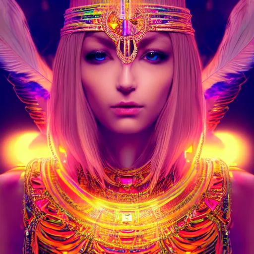 Image similar to portrait highly detailed beautiful symmetrical face high priestess intricate elegant detailed crystal jewellery with tribal feathers, lush colourful volumetric lighting, anime digital painting, concept art, smooth, sharp focus 3 d, divine realm of gods, realistic cinematic style, octane render, photographic, unreal engine 8 k