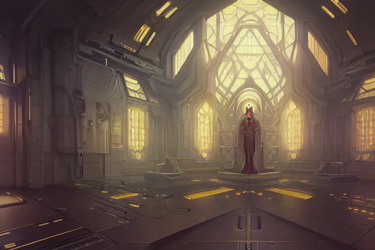 Image similar to a cybernetic room, scifi religious, symmetrical, center punched, Archviz, elegant, intricate, digital painting, artstation, concept art, smooth, sharp focus, illustration, art by artgerm and greg rutkowski and alphonse mucha