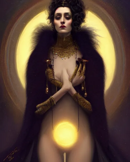 Image similar to Nocturne, glowing, stars, a portrait of a beautiful female shadow djinn creature with long fur collar, highly detailed, mysterious, ethereal, dressed in velvet and gold jewelry, haute couture, illustration, dramatic lighting, soft details, painting, by Edmund Blair Leighton, Brom, Charlie Bowater, trending on artstation, faces by Tom Bagshaw, otto schmidt