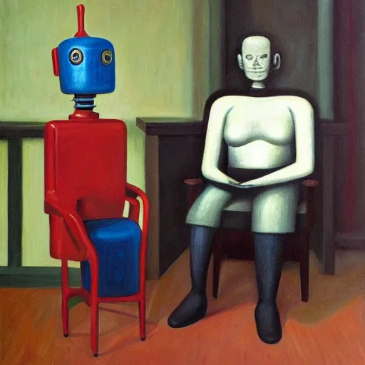 Prompt: robot therapist, portrait, grant wood, pj crook, edward hopper, oil on canvas