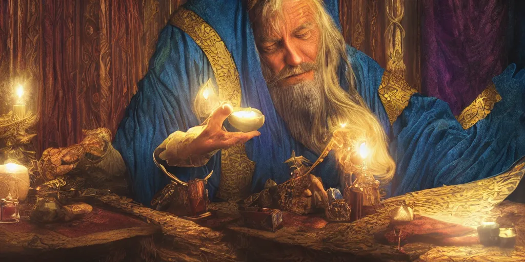 Image similar to wizard doing a tarot reading, cards, fantasy, digital art, soft lighting, 8 k, highly detailed, medium close up