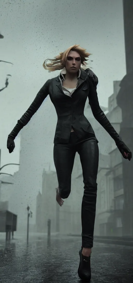 Prompt: beautiful model annie leonhart running on high heels with open toe in dunwall city, beautiful face, detailed face, cinematic lighting, rainy weather, melancholy atmosphere, volumetric light, octane render, dishonored 1, gothic architecture, realistic reflections, octane render 8 k, model agency