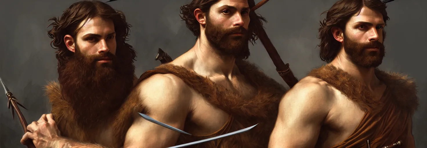 Image similar to renaissance upper body portrait of a gruff ranger with a spear, lean and toned, handsome face, hairy chest, D&D, intricate, elegant, highly detailed, digital painting, artstation, concept art, matte, sharp focus, illustration, art by da Vinci, Artgerm and Greg Rutkowski and Alphonse Mucha